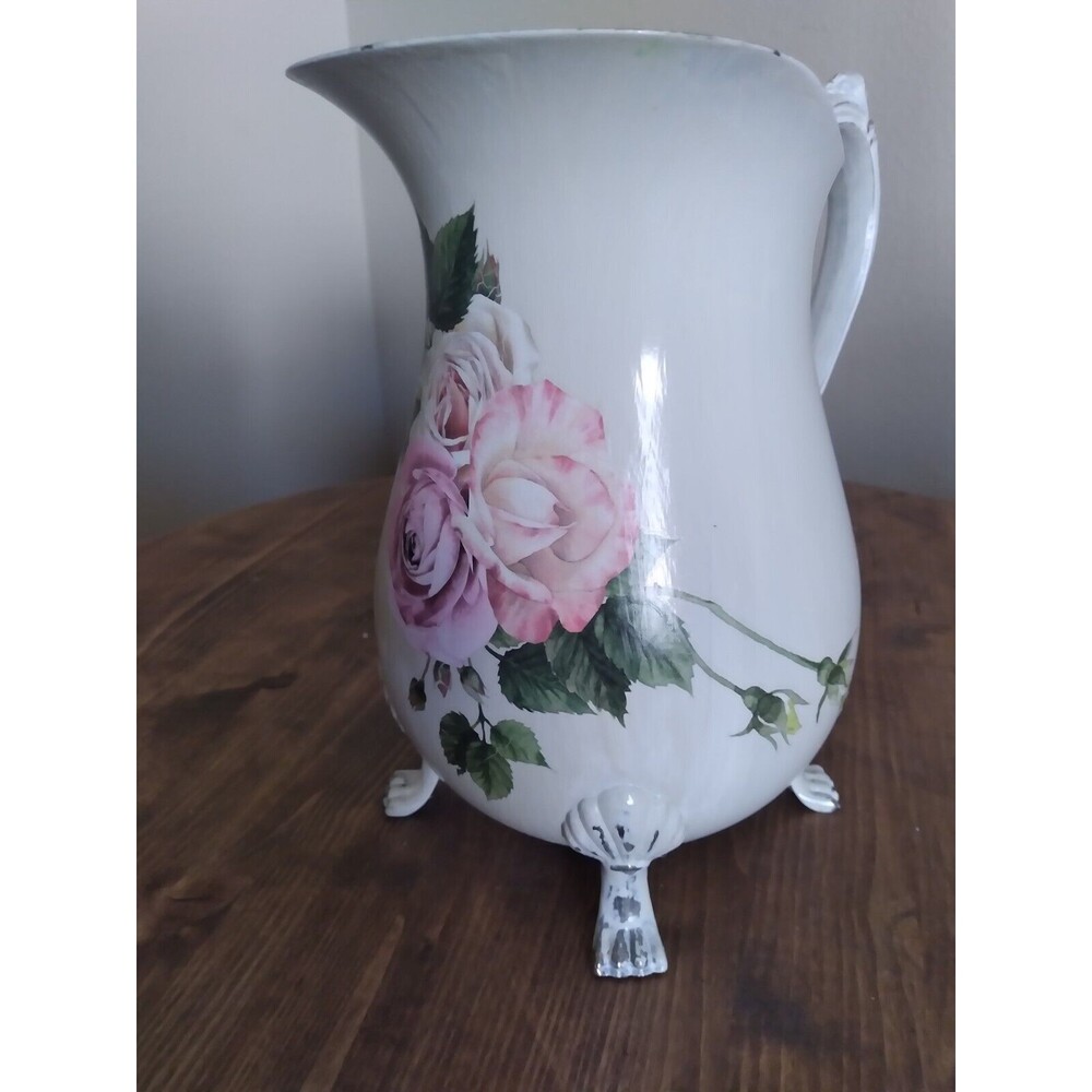 Shabby Chic Silver Plated Water Pitcher 9" in height Creamy Tan with Rabbit